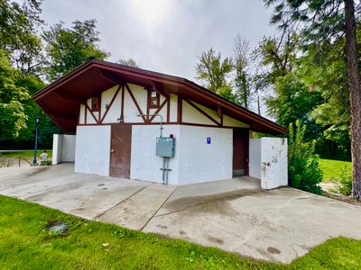 Bavarian-style restroom building at Waterfront Park
