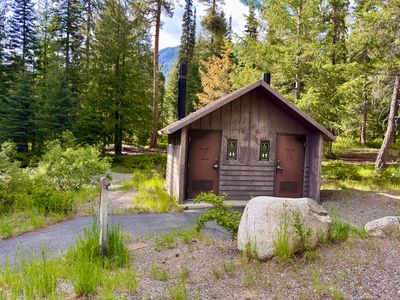 Accessible vault toilet, mid-campground
