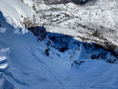 Tim making the first turns in one of the Basin Lake Chutes