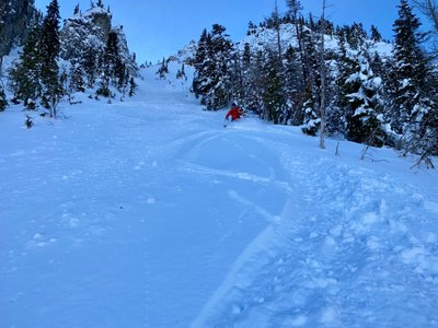 Jeff skiing the bottom of the 4th chute
