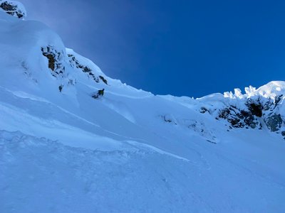 Tim skiing the top bowl of the Crooked Couloir