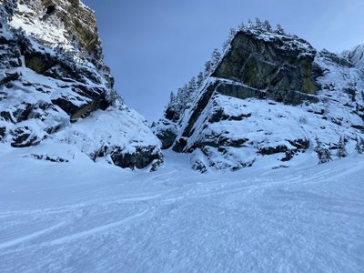 Our tracks out of the Crooked Couloir