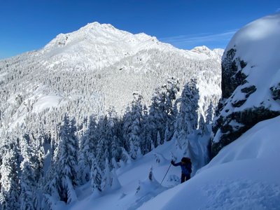 Stefan skinning up Guye Peak