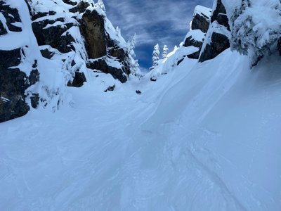 Stefan skiing the top of Guye Peak East Couloir