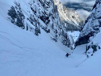 Stefan heading down the Slot Couloir