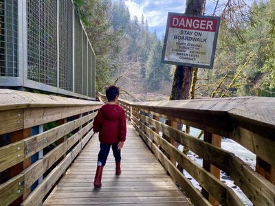 Raised wooden walkway out to view the falls
